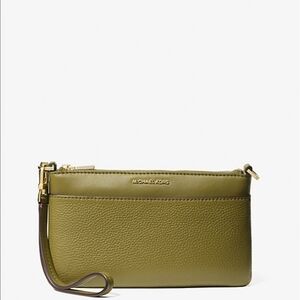 Michael Kors Olive Green Leather Wristlet Clutch with Gold Hardware